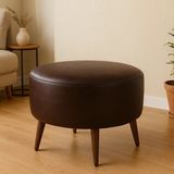 Waterybrook Suni Deri Large Puf - Ceviz Ahşap Ayaklı - Retro Modern Tasarım & Dekoratif Sehpa - Acı Kahve