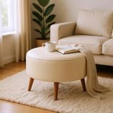 Waterybrook Suni Deri Large Puf - Ceviz Ahşap Ayaklı - Retro Modern Tasarım & Dekoratif Sehpa - Krem