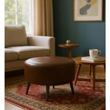 Waterybrook Suni Deri Large Puf - Siyah Ahşap Ayaklı - Retro Modern Tasarım & Dekoratif Sehpa - Acı Kahve