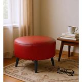 Waterybrook Suni Deri Large Puf - Siyah Ahşap Ayaklı - Retro Modern Tasarım & Dekoratif Sehpa - Kırmızı