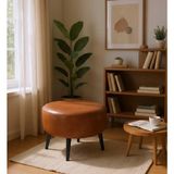 Waterybrook Suni Deri Large Puf - Siyah Ahşap Ayaklı - Retro Modern Tasarım & Dekoratif Sehpa