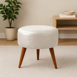 Waterybrook Suni Deri Puf - Ceviz Ahşap Ayaklı - Retro Modern Tasarım & Dekoratif Sehpa - Krem