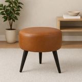 Waterybrook Suni Deri Puf - Siyah Ahşap Ayaklı - Retro Modern Tasarım & Dekoratif Sehpa - Taba