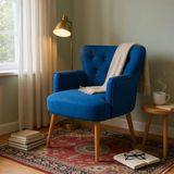 Waterybrook Tekli Berjer Koltuk - Kapitoneli Babyface Kumaş - Ceviz Ahşap Ayaklı - Retro Modern Tasarım - 14 Renk Seçeneği - Saks