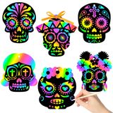 WATINC WT-Skull kazıma kartı, 60 adet kazıma kağıdı kartı, kendin yap kafatası kazıma el işi sanat seti, cadılar bayramı partisi için, sihirli gökkuşağı renkli kazıma kartları, ahşap kalem ve bantlarla