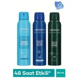 Watsons 3’lü Erkek Deodorant Seti – Chill Blue Pudralı Wild Wind Fresh Splash Pudrasız 150ml