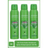 Watsons Isle Fresh Deodorant Sprey Kadın Pudralı, 3x150ml, Antiperspirant