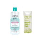 Watsons Micellar Makyaj Temizleme Suyu 400 ml - Watsons Organik Yuvarlak Makyaj Pamuğu 50 Adet 2'li Set