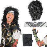 Watt's Wigs - 80'Ler Saç Metal Rocker Kostüm Seti - Glam Rock Band Siyah Kıvırcık Peruk Şal Desenli Baskı Streç Kumaş Kafa Bandı, Renkli Dövme Kol Motorcu Eldiveni - Tek Beden Herkese Uyar (Siyah)