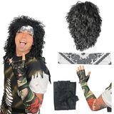 Watt's Wigs - 80'ler Saç Metal Rocker Kostüm Seti - Glam Rock Band Siyah Kıvırcık Peruk Şal Desenli Baskı Streç Kumaş Kafa Bandı, Renkli Dövme Kol ve Motorcu Eldiveni - Tek Beden Herkese Uyar (Siyah)