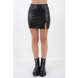 WAYS Kadın Yırtmaçlı Siyah Suni Deri Mini Etek Faux Leather I?çi I?nce Şardonlu Polarlı