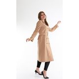 Wazze Düğme Kapamalı Trençkot Kadınlar İçin Kemerli İnce Astarlı Bej Renk - Camel - 44