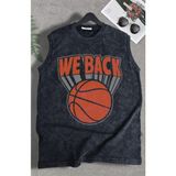 We Back Yazılı Yıkamalı Kolsuz Tişört, Unisex Basketbol Temalı Sıfır Kollu Vintage Atlet - Siyah - 2XL