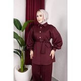 Weak Blue Şık Tesettür Tunik Pantolon Takım – Kuşaklı Düğmeli Uzun Kollu Ikili Takım - Bordo - 44