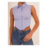 WEAR AND WEAR Kadın Açık Mavi Sıfır Kol Beli Gipe Lastikli Korseli Poplin Balenli Kolsuz Crop Gömlek