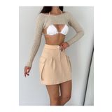 WEAR AND WEAR Kadın Krem Kargo Cepli Pileli Beli Lastikli Street Klasik Mini Şort Etek
