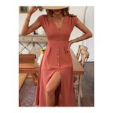 Wear Up Kadın Kısa Kollu V Yakalı önden Düğmeli Midi Dokuma Viskon Elbise