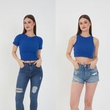 Wearflawless 2'li Adet Fitilli Kısa Kol ve Askılı Body Crop Bluz Seti - 13M-Mavi