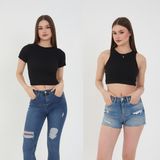 Wearflawless 2'li Adet Fitilli Kısa Kol ve Askılı Body Crop Bluz Seti - M - 000-Siyah