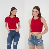 Wearflawless 2'li Adet Fitilli Kısa Kol ve Askılı Body Crop Bluz Seti - M - 240-Kırmızı