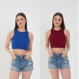 Wearflawless 2'li Adet Kadın Halter Yaka Fitilli Askılı Sıfır Kol Crop Atlet Bluz (Bordo-Mavi, L)