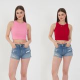 Wearflawless 2'li Adet Kadın Halter Yaka Fitilli Askılı Sıfır Kol Crop Atlet Bluz (Pembe-Kırmızı, S)
