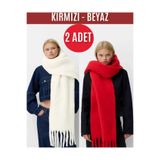 Wearflawless 2'li Takım Soft İthal Yumuşak Dokulu Kadın Beyaz-Kırmızı Atkı,Şal, Sevgililer Günü Hediyesi