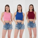 Wearflawless 3'lü Adet Kadın Halter Yaka Fitilli Askılı Sıfır Kol Crop Bluz Atlet (Bordo-Pembe-Mavi, M)