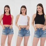 Wearflawless 3'lü Adet Kadın Halter Yaka Fitilli Askılı Sıfır Kol Crop Bluz Atlet (Siyah-Beyaz-Kırmızı, L)