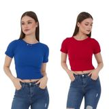 Wearflawless Kadın 2 Li Adet Fitilli Pamuklu Bisiklet Yaka Örme Kaşkorse Crop T-shirt (Kırmızı-Mavi, M)