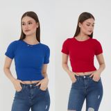 Wearflawless Kadın 2 Li Adet Fitilli Pamuklu Bisiklet Yaka Örme Kaşkorse Crop T-shirt (Kırmızı-Mavi, S)