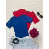 Wearflawless Kadın 2 Li Adet Fitilli Pamuklu Bisiklet Yaka Örme Kaşkorse Crop T-Shirt - Kırmızı - Mavi