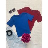 Wearflawless Kadın 2 Li Adet Fitilli Pamuklu Bisiklet Yaka Örme Kaşkorse Crop T-Shirt - Mavi - Bordo