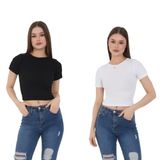 Wearflawless Kadın 2 Li Adet Fitilli Pamuklu Bisiklet Yaka Örme Kaşkorse Crop T-shirt (Siyah-Beyaz, M)