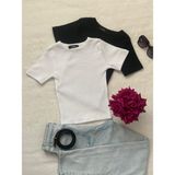 Wearflawless Kadın 2 Li Adet Fitilli Pamuklu Bisiklet Yaka Örme Kaşkorse Crop T-Shirt - Siyah - Beyaz