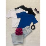 Wearflawless Kadın 3 Lü Adet Fitilli Pamuklu Bisiklet Yaka Örme Kaşkorse Crop T-Shirt - Siyah - Beyaz - Mavi