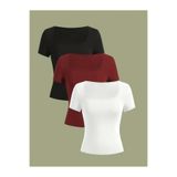 Wearflawless Kadın 3'lü Set Kare Yaka Bluz & T-Shirt, Fitilli Likralı Kaşkorse Kumaş Bluz