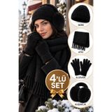 Wearflawless Kadın 4'lü Siyah Kışlık Set, Bere, Atkı, Eldiven, Kulaklık, Sıcak Yumuşak Kış Aksesuar Hediye Seti