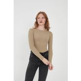 Wearflawless Kadın Bisiklet Yaka Uzun Kollu Fitilli Bluz (Bej, XL)