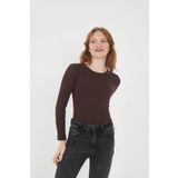 Wearflawless Kadın Bisiklet Yaka Uzun Kollu Fitilli Bluz (Koyu Kahverengi, M)