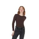 Wearflawless Kadın Bisiklet Yaka Uzun Kollu Fitilli Bluz (Koyu Kahverengi, S)