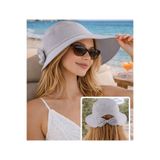 Wearflawless Kadın Keten Bucket Fiyonklu Gri Yazlık Plaj Şapkası, Ayarlanabilir Geniş Kenarlı Tatil Şapkası