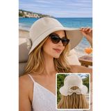 Wearflawless Kadın Keten Bucket Fiyonklu Yazlık Plaj Şapkası, Ayarlanabilir Geniş Kenarlı Tatil Şapkası - Standart - Bej
