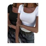 Wearflawless Kadın Siyah-beyaz Kare Yaka Kısa Kol 2'li Takım Siyah Ve Beyaz Bluz