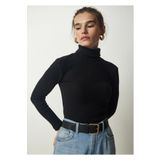 Wearflawless Kadın Uzun Kollu Fitilli Balıkçı Yaka Örme Bluz Siyah S