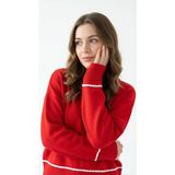 Wearified Kadın Triko Yumuşacık Oversize Bisiklet Yaka Ribana Saç Örgü Detaylı Homy Kazak - Kırmızı - Beyaz - XL