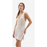 Wearified Pareo Triko Plaj Elbisesi Pamuksu Dokulu Sahil Kıyafeti Bikini Üstü Mini Elbise Cover Up Ajurlu Elbise Gece Elbisesi - 2XL - Beyaz