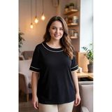 Wearon Kadın Melda O Yaka Biyeli Taşlı Kısa Kol Siyah Tişört