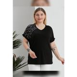 Wearon Kadın Omzu Taşlı Varaklı Kolu Duble Katlı Siyah İyem Tişört