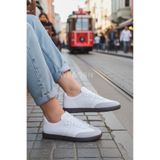 WEBORN Kadın Beyaz Gri Beyaz Çizgili Hafif Rahat Taban Sneaker Suni Deri Spor Ayakkabı